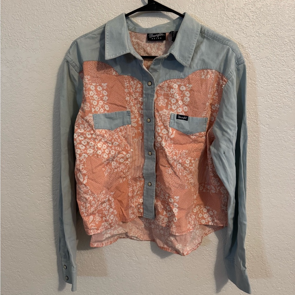 Wrangler snap button down light denim shirt with pink design